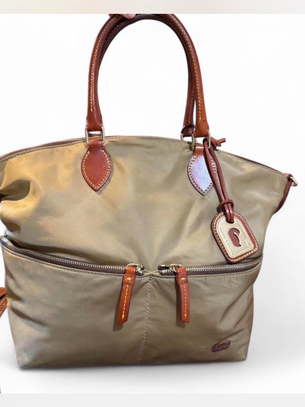 Dooney & Bourke Olive Nylon Tote with Brown Leather Handles